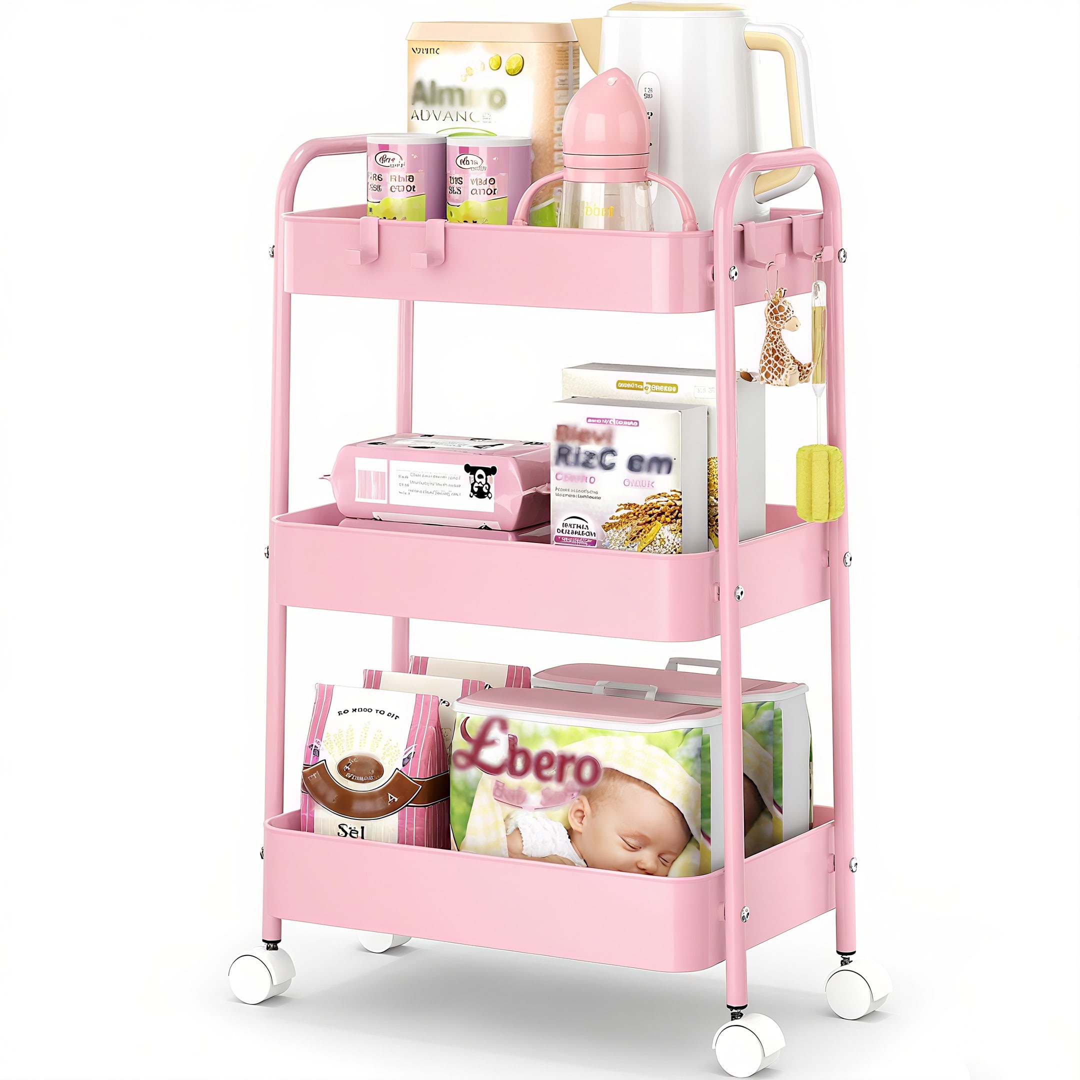 Baby Nursery Trolley - 3단 금속 롤링 카트(바퀴 포함) 모던
