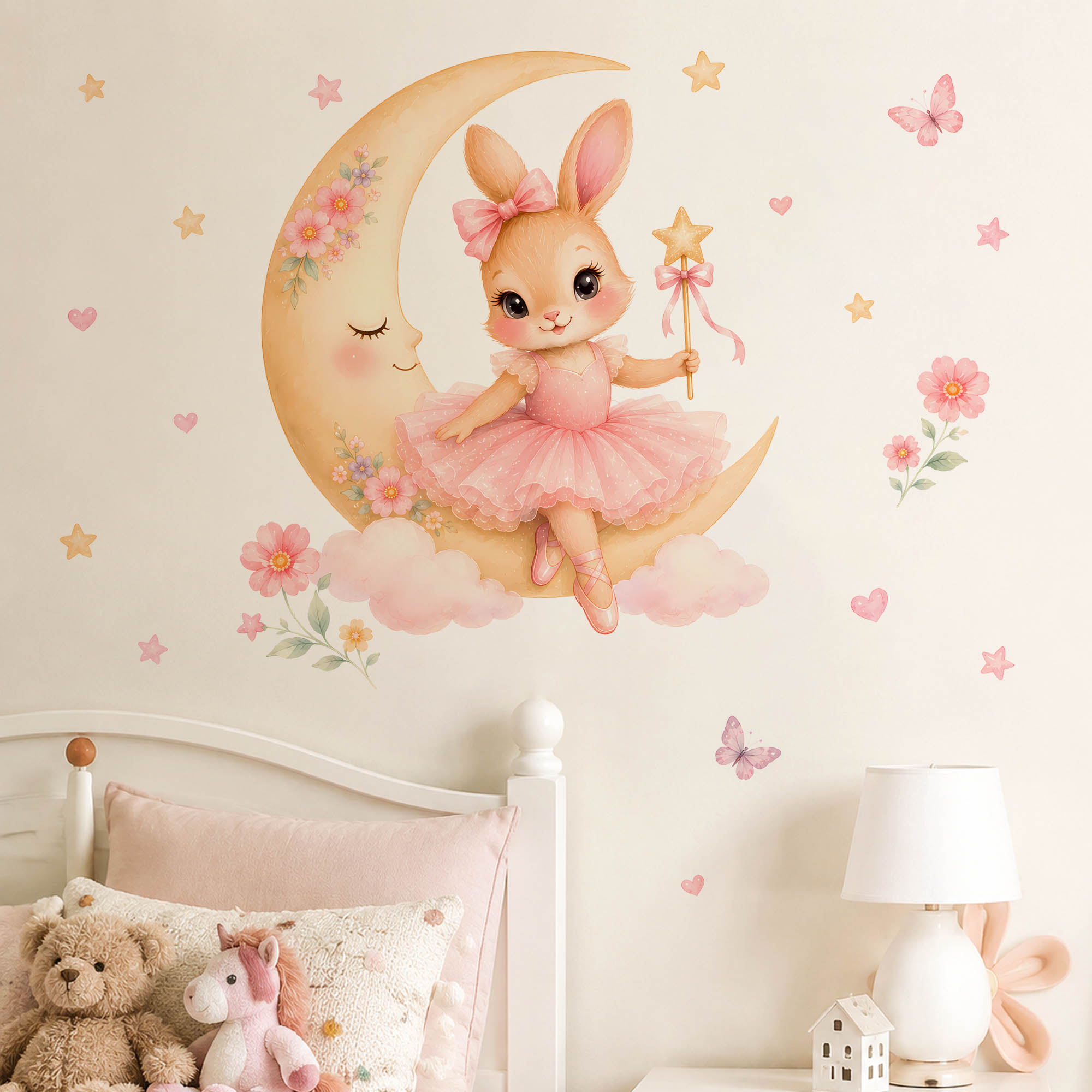 Baby Girl Nursery Quotes - 수채화 발레리나 토끼 달 벽 스티커