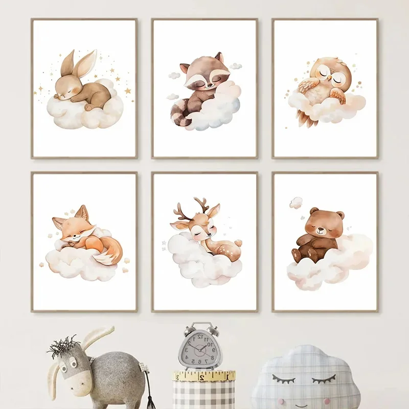 Baby Nursery Frames - 만화 구름 동물 캔버스 회화 벽