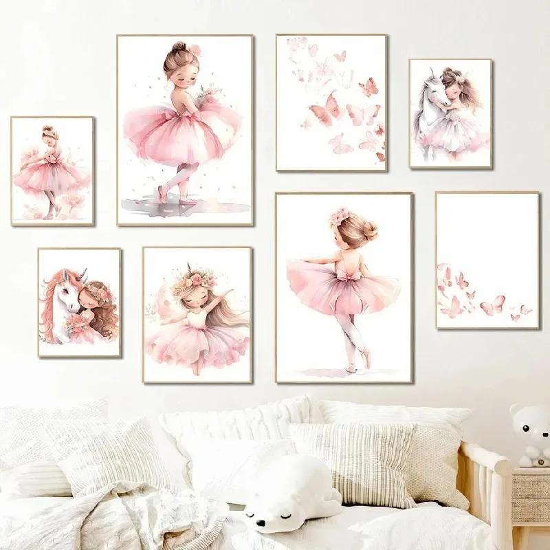 Baby Nursery Frames - 핑크 발레리나 소녀 유니콘 나비 포스터