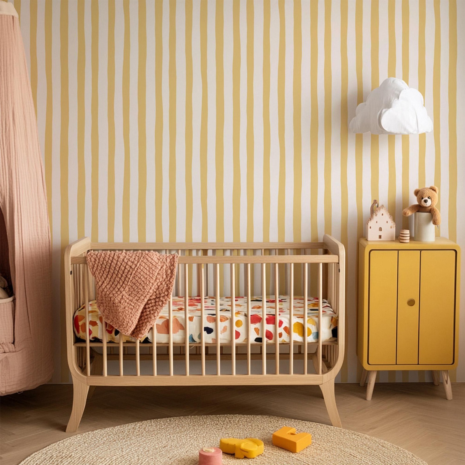 선샤인 옐로우 흔들거리는 줄무늬 벽지, 붙이고 떼는 방 - Baby Nursery Peel And Stick Wallpaper 리뷰 및 가격