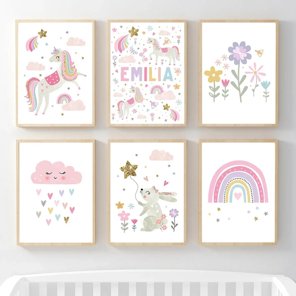 핑크 유니콘 토끼 무지개 구름 꽃 보육원 벽 예술 캔버 - Baby Nursery Decor Girl 리뷰 및 가격