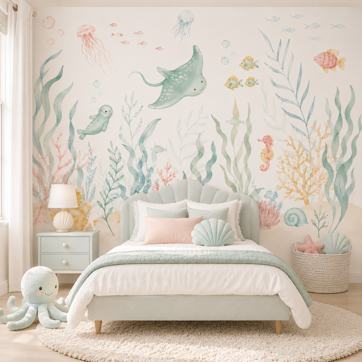 해양 동물 자가 접착 벽지 파스텔 바다 생물 벽화 붙였 - Baby Nursery Peel And Stick Wallpaper 리뷰 및 가격