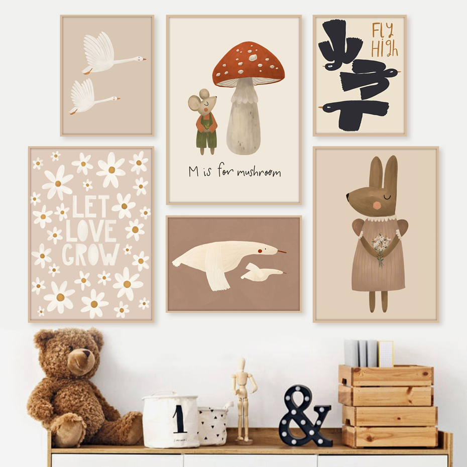 Boho 만화 토끼 마우스 거위 포스터 보육 벽 아트  - Baby Nursery Frames 리뷰 및 가격